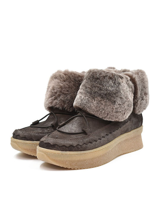 18KI8852 Wildleder Damen Stiefeletten Ankle Boots mit Pelz Braun