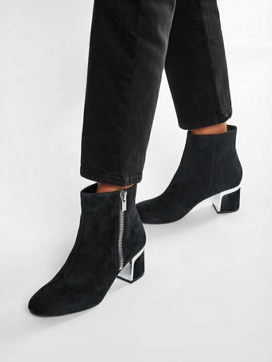 Crosbi Suede Γυναικεία Μποτάκια Αστραγάλου με Μεσαίο Τακούνι Μαύρα