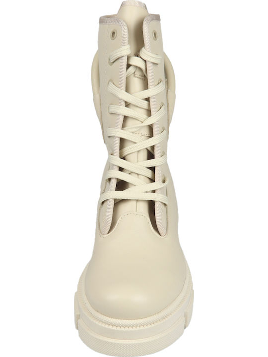 Leather Women's Ankle Boots with Medium Heel Beige