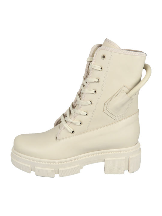 Leather Women's Ankle Boots with Medium Heel Beige