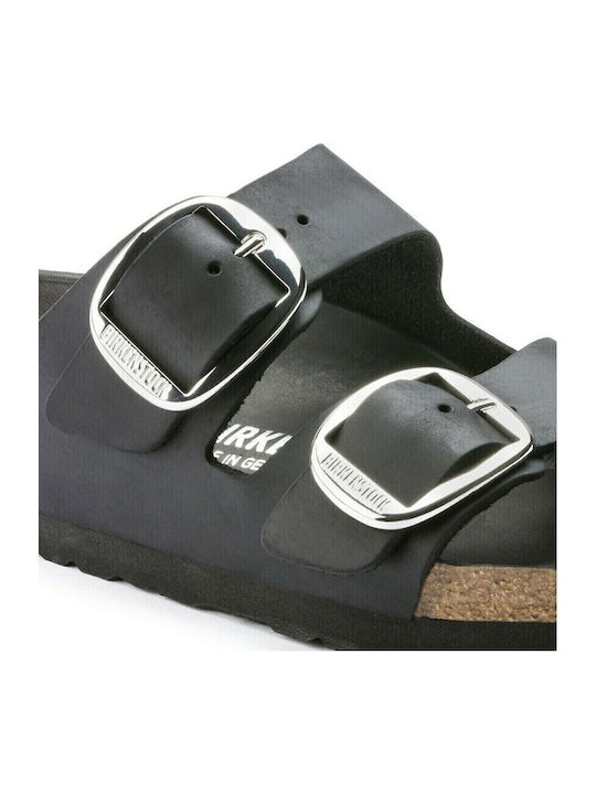 Arizona Big Buckle Oiled Leather Leather Women's Flat Sandals Anatomic in Black Color Narrow Fit