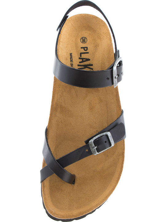 Leder Flache Sandalen für Damen Anatomisch mit Riemen in Schwarz Farbe