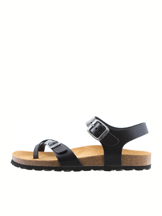 Leder Flache Sandalen für Damen Anatomisch mit Riemen in Schwarz Farbe