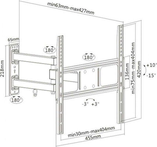 Brateck LPA52-443 Wall TV Mount with Arm up to 55" and 35kg Black
