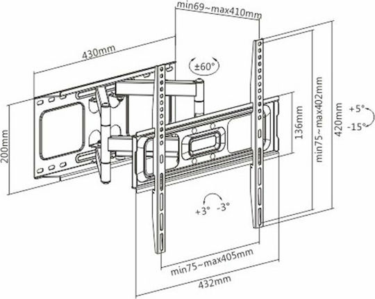 Brateck LPA69-446 Wall TV Mount with Arm up to 70" and 45kg