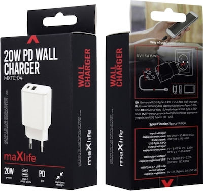 Maxlife Charger Without Cable with USB-A Port and USB-C Port 20W Power Delivery / Quick Charge 3.0 Whites (MXTC-05)