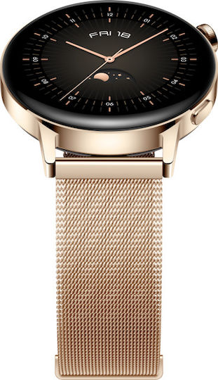 Huawei Watch GT 3 Elegant Stainless Steel 42mm Waterproof with Heart Rate Monitor (Gold Milanese Strap)