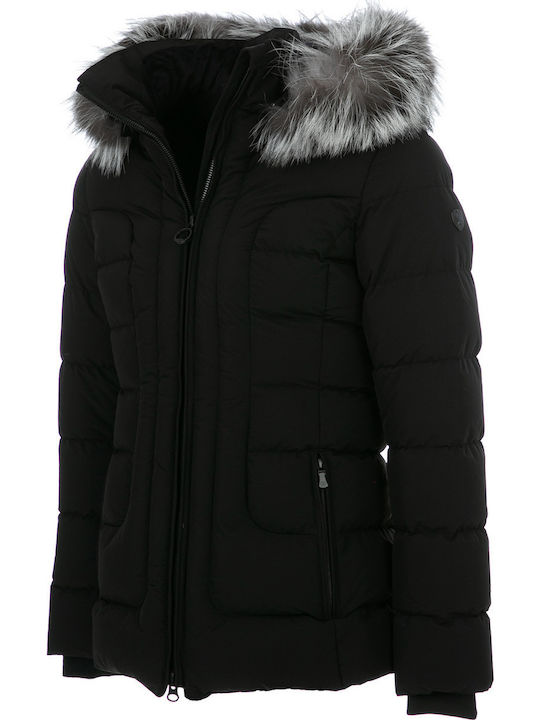 Scurtă Jachetă de femei Puffer cu glugă de blană Negru