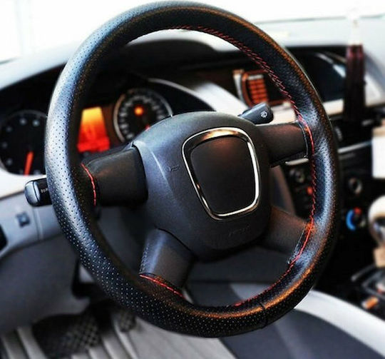 GlobalExpress Car Steering Wheel Cover Tailored with Diameter 36cm made of Leatherette Black with Red Stitching