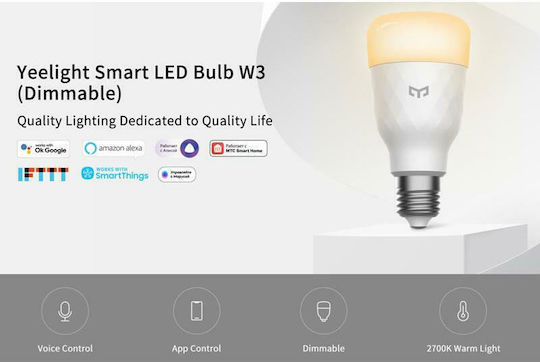 Yeelight W3 Smart LED Bulb 8W for Socket E27 Warm White 900lm Dimmable