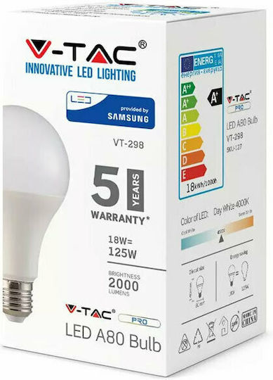 V-TAC VT-298 LED Bulb 18W for Socket E27 and Shape A80 Natural White 2000lm