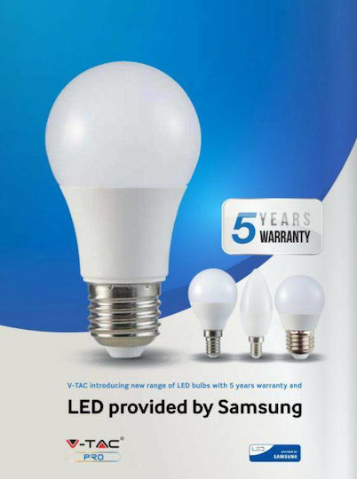V-TAC VT-210 Λάμπα LED 9W 106mm για Ντουί E27 και Σχήμα A60 Φυσικό Λευκό 806lm