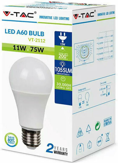 V-TAC VT-2112 Λάμπα LED 11W 120mm για Ντουί E27 και Σχήμα A60 Φυσικό Λευκό 1055lm