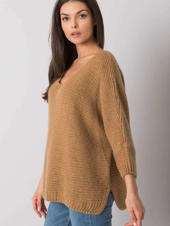 Och Bella Damen Pullover mit 3/4-Ärmeln & V-Ausschnitt Camel