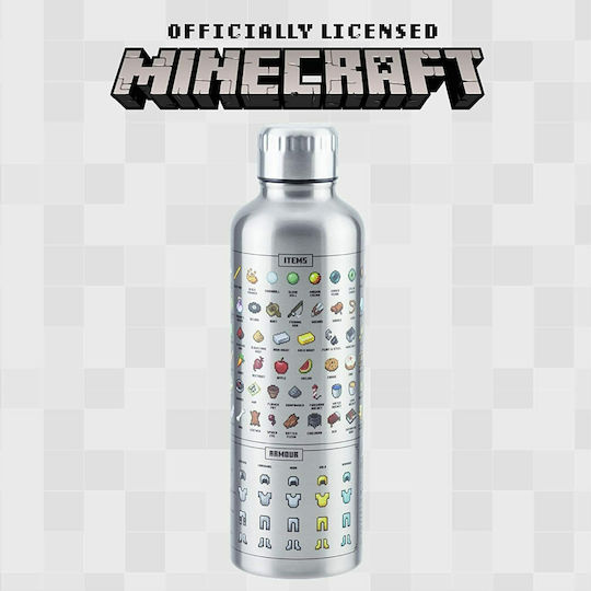 Paladone Minecraft Kids Water Bottle Minecraft Aluminium with Screw Cap Non Spill Silver 500ml