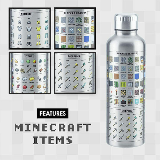Paladone Minecraft Kids Water Bottle Minecraft Aluminium with Screw Cap Non Spill Silver 500ml