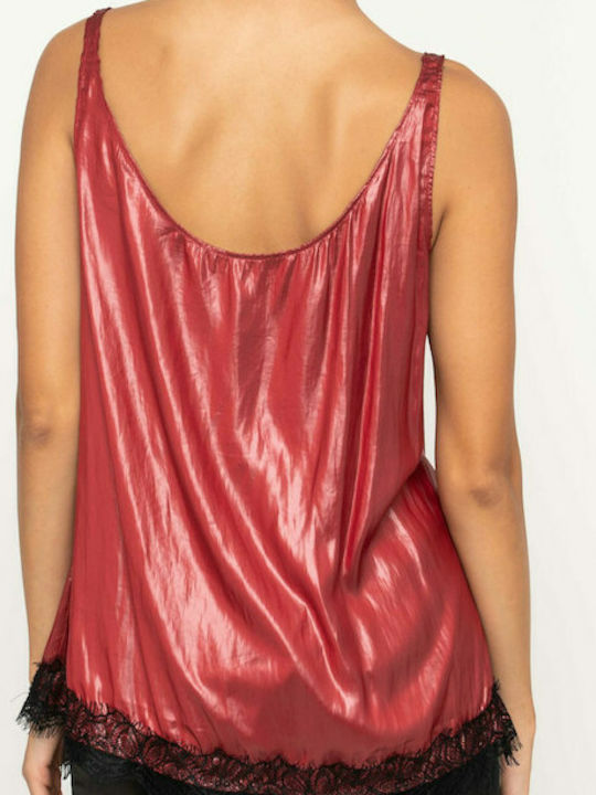 Leather blouse with straps and lace at the bottom DEEP RED