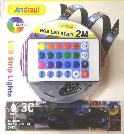 Andowl Αδιάβροχη Ταινία LED USB 5V RGB Φως 2m Τύπου SMD5050 με Τροφοδοτικό & Τηλεχειριστήριο