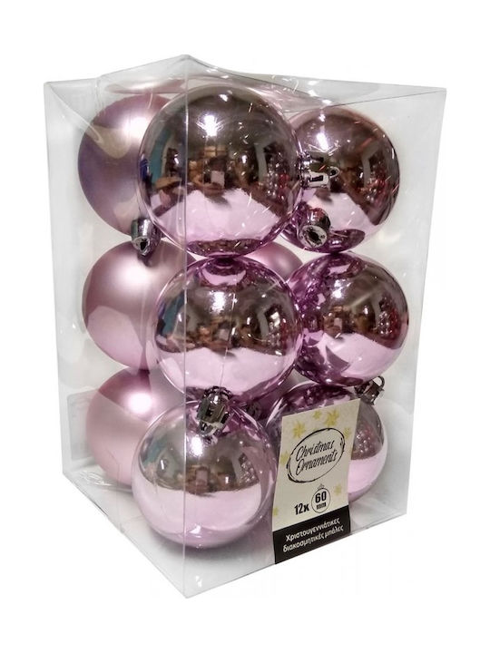 Hanging Ball Ornament Plastic Pink Set 12pcs