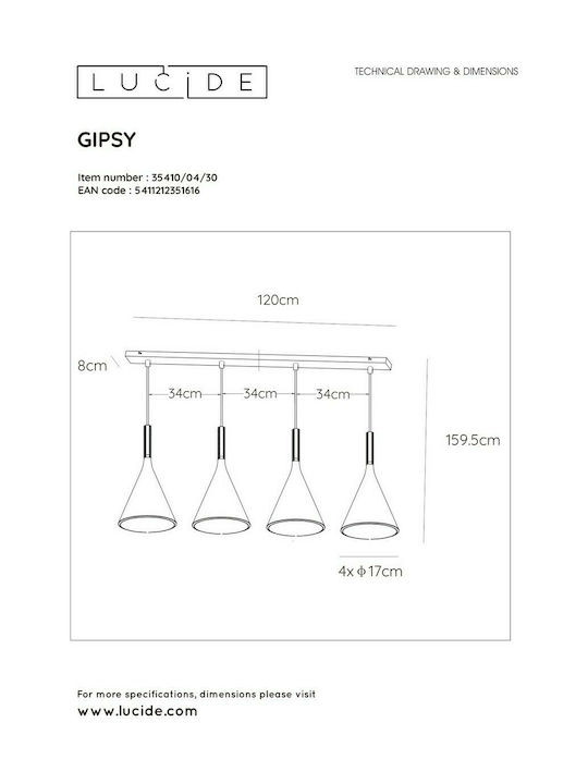 Lucide Lightning Gipsy Pendant Light Black Rail for 4 Bulbs E27 120cm