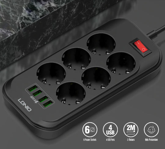 Ldnio SE6403 Power Strip with Surge Protection 6 Positions with 4 USB-A, Switch and Cable 2m