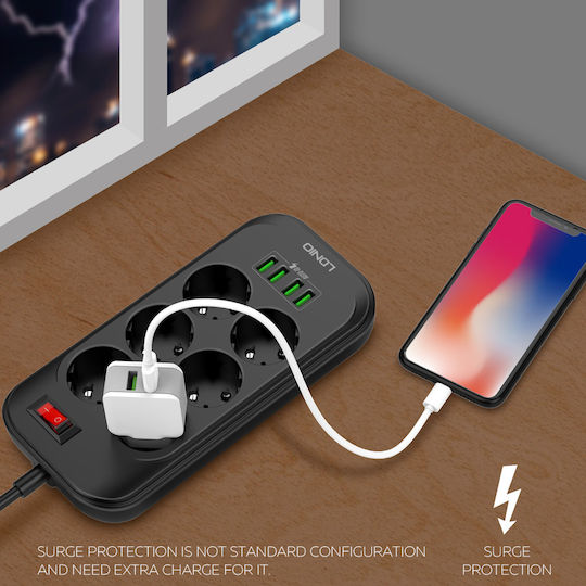 Ldnio SE6403 Power Strip with Surge Protection 6 Positions with 4 USB-A, Switch and Cable 2m