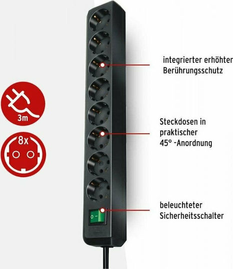 Brennenstuhl Power Strip with Surge Protection 8 Positions with Switch and Cable 3m
