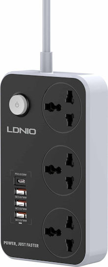Ldnio Πολύπριζο 3 Θέσεων με 3 USB-A, 1 USB-C, Διακόπτη και Καλώδιο 2m