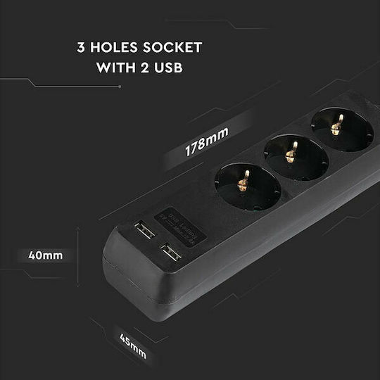 V-TAC Bandă de alimentare Securitate 3 Prize cu 2 USB-A și Cablu 1.5m