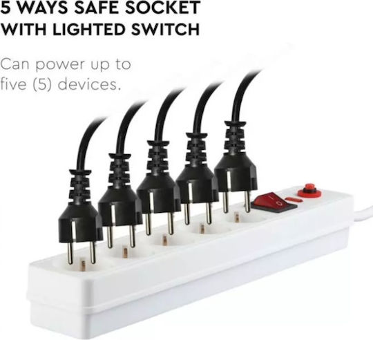 V-TAC Power Strip with Surge Protection 5 Positions with Switch and Cable 1.4m