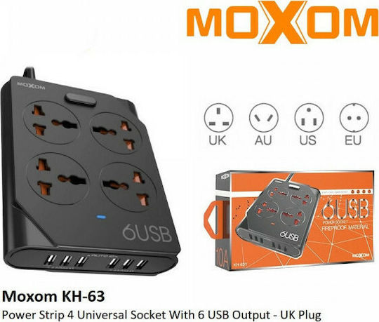 Moxom KH-63Y Steckdosenleiste 4 Positionen mit 6 USB-A und Kabel 1.5m