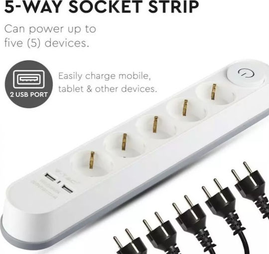 V-TAC Power Strip 5 Positions with 2 USB-A, Switch and Cable 3m