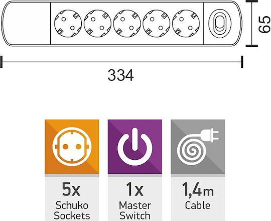 Spot Light Steckdosenleiste mit Überspannungsschutz 5 Positionen mit Schalter und Kabel 1.4m
