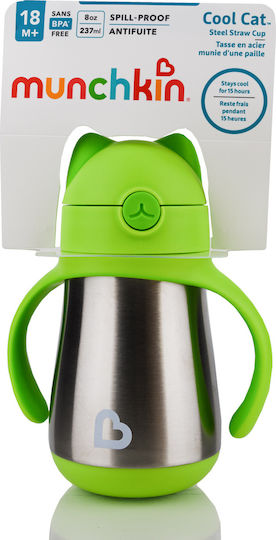 Munchkin Cool Cat Toddler Metal Cup with Handles and Straw 237ml for 18m+ Green