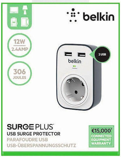 Belkin Μονόπριζο Aσφαλείας με 2 USB-A
