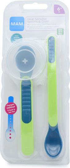 Mam Baby Set with Spoons Heat Sensing Made of Plastic in Case for 6+ Months Green 2 Pieces