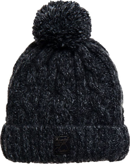 Tweed Cable Pom Pom Beanie Beanie Knitted in Black color