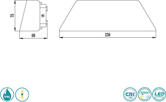 Sun Light Стенен Външен Плафон LED IP65 19W с Топло бяло Светлина Двоен лъч 23.6x6.8εκ.