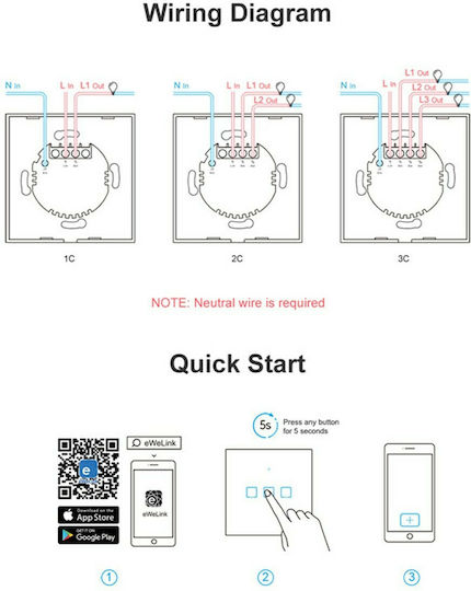 Sonoff T0EU3C-TX Recessed Touch Wall Switch Wi-Fi Lighting Triple with Frame White
