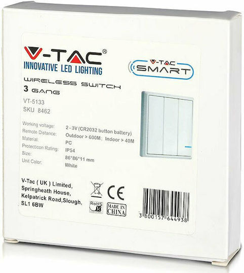 V-TAC Waterproof Wall-Mounted Triple Electrical Wall Switch With White Frame