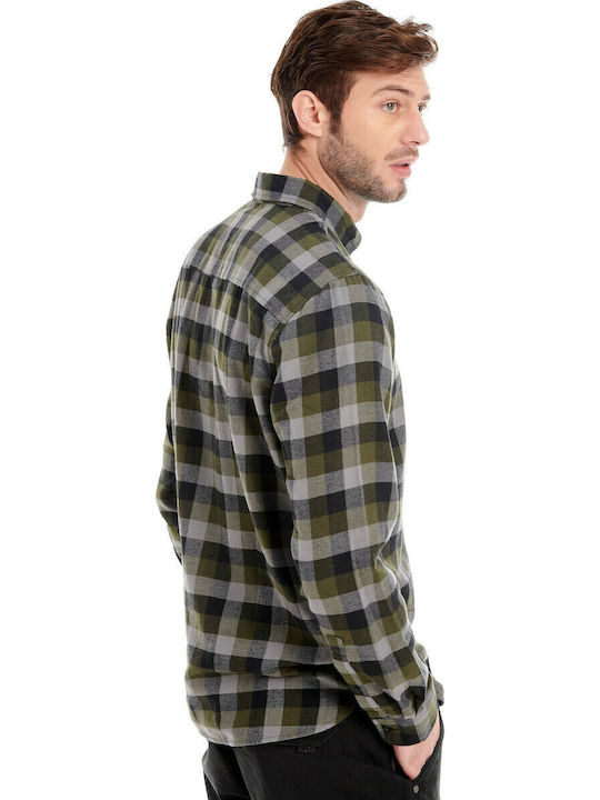 Long Sleeve Flannel Regular Fit Checked Khaki Shirt