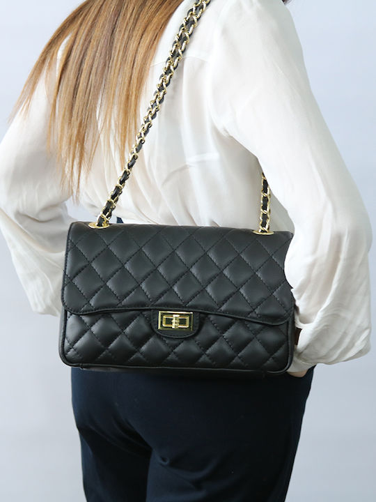 Δερμάτινη Γυναικεία Flap Bag 'Ωμου Μαύρη
