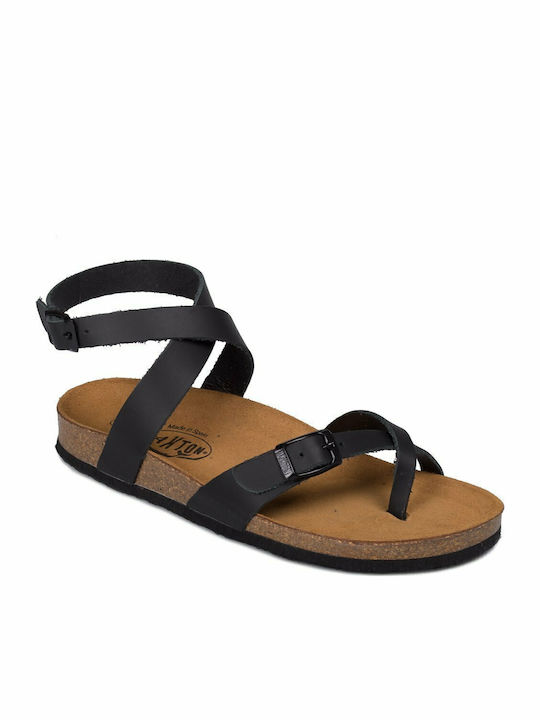 Leather Women's Flat Sandals Anatomic with Strap Black Apure