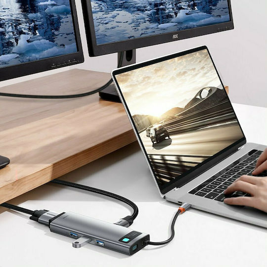 Baseus Gleam USB-C Docking Station με HDMI 4K PD Ethernet και συνδεση 2 Οθονών Γκρι