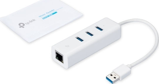 TP-LINK v1 USB-Hub mit 3 USB 3.0 Schnittstellen mit USB-A Anschluss Ethernet Weiß