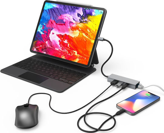 HAMA USB 3.2 4 Port Hub with USB-C Connection Ethernet Silver