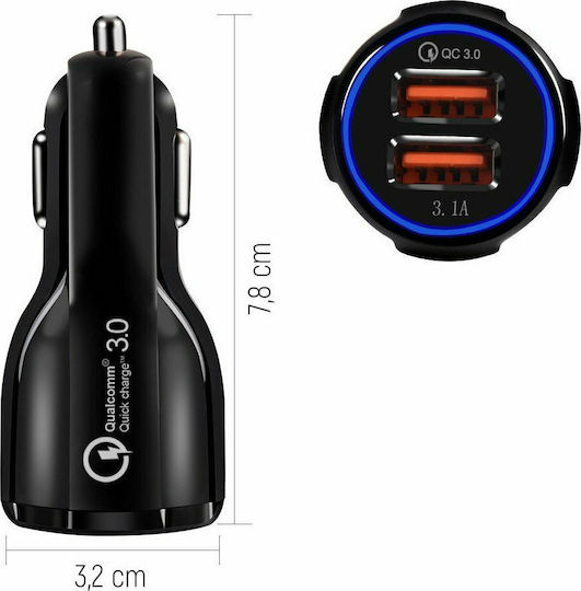 Wozinsky WCC-02 Φορτιστής Αυτοκινήτου 3.1A Γρήγορης Φόρτισης με Θύρες: 2xUSB Μαύρο Χρώμα