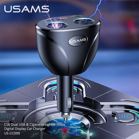 Usams US-CC099 Φορτιστής Αυτοκινήτου 96W 2.4A με Θύρες: 2xUSB 2xΑναπτήρα Μαύρο Χρώμα