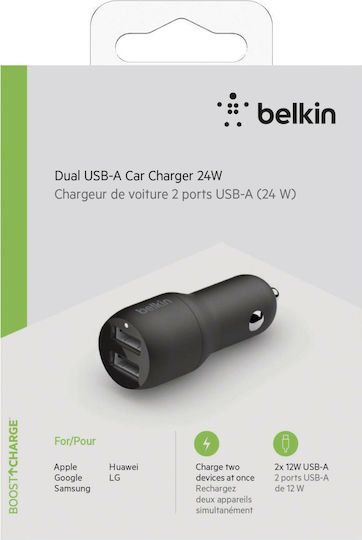 Belkin Φορτιστής Αυτοκινήτου 24W 4.8A με Θύρες: 2xUSB Μαύρος