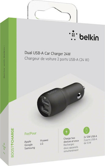 Belkin Φορτιστής Αυτοκινήτου 24W 4.8A με Θύρες: 2xUSB Μαύρος